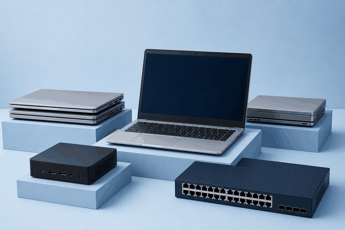 Illustrative arrangement of business laptops and networking equipment
