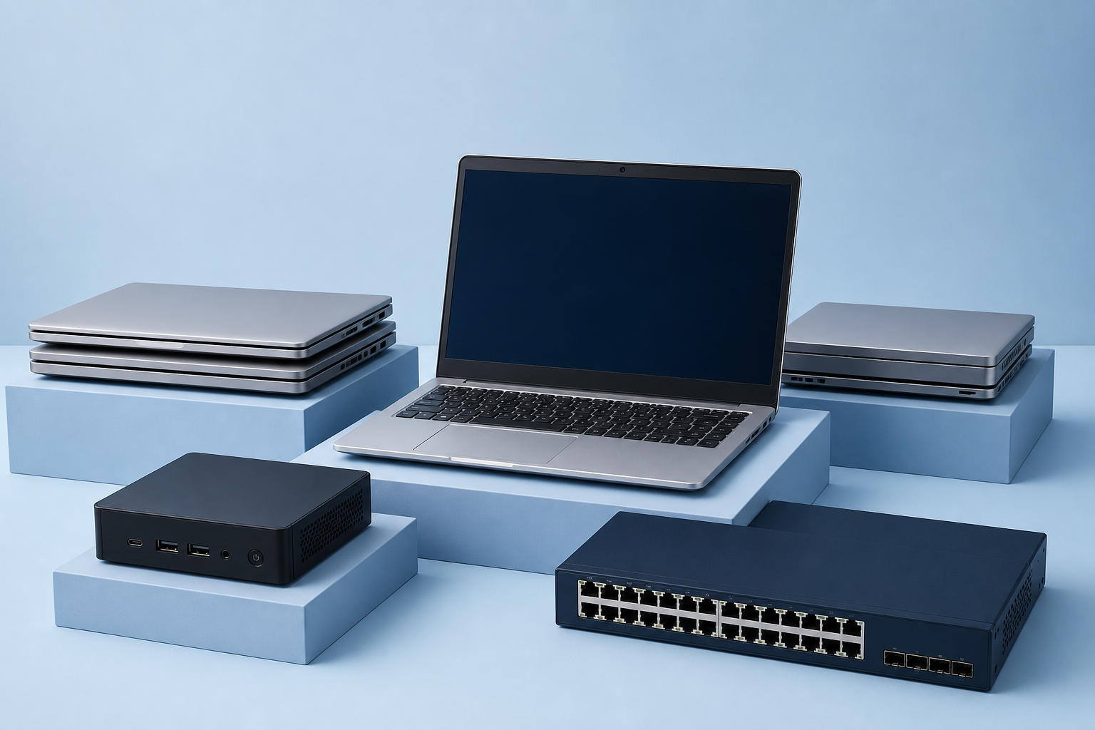 Illustrative arrangement of business laptops, a mini computer and networking equipment